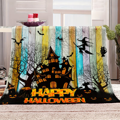 Halloween Elements Blanket: Cozy Up with Dark Castle, Pumpkin, Witch, and Bat Print Flannel Blanket - Perfect for Couch, Sofa, Office, Bed, Camping, and Traveling