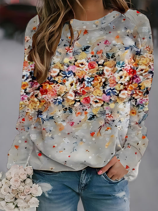 Floral Dream: Fashionable and Cozy Long Sleeve Crew Neck Sweatshirt for Women's Fall/Winter Wardrobe