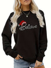 Experience the holiday cheer in style with our Sparkling Festive Vibes Rhinestone Christmas Sweatshirt for plus size women. Adorned with eye-catching rhinestones, this sweatshirt will add a touch of sparkle to your wardrobe. Perfect for festive gatherings and spreading cheer.