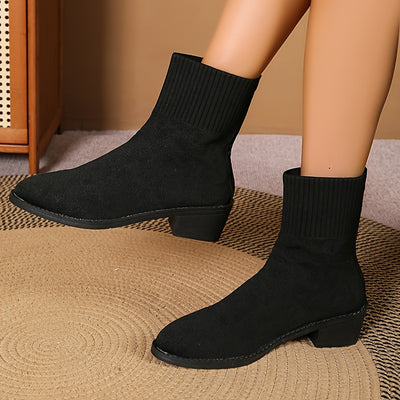 Stylish and Comfortable Women's Breathable Knit Chunky Heel Boots - Fashionable Slip-On Dress Boots for Ultimate Comfort