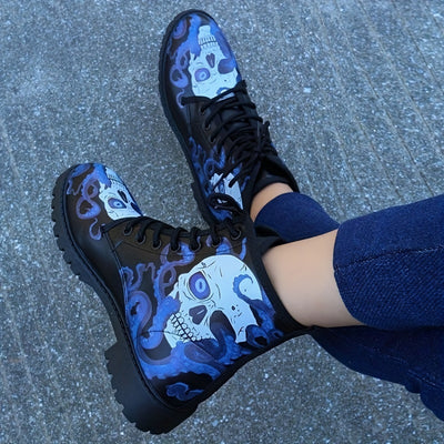 Wickedly Stylish: Women's Skull Print Combat Boots - Fashionable, Comfortable, and Perfect for Halloween