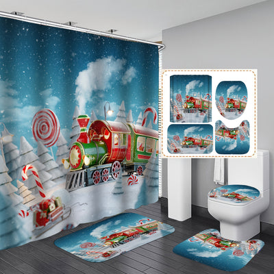 Merry Xmas Express: 4-Piece Christmas Train Shower Curtain Set for a Joyful Holiday Bathroom Makeover!