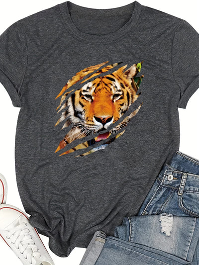 Tiger Pattern Crew Neck T-Shirt, Casual Short Sleeve T-Shirt For Spring & Summer, Women's Clothing