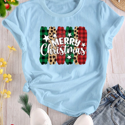 Merry Christmas Letter Print Crew Neck T-Shirt: A Stylish Casual Short Sleeve Top for Spring/Summer Women's Clothing