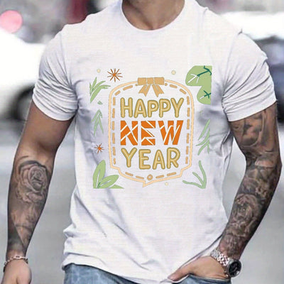 Spread Joy and Fashion with our Plus Size Men's Happy New Year Graphic Print T-Shirt