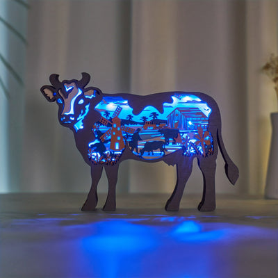 Moo-velous Milk Cow Wooden Art Animal Statues: Illuminate Your Space with LED Night Light Delight!