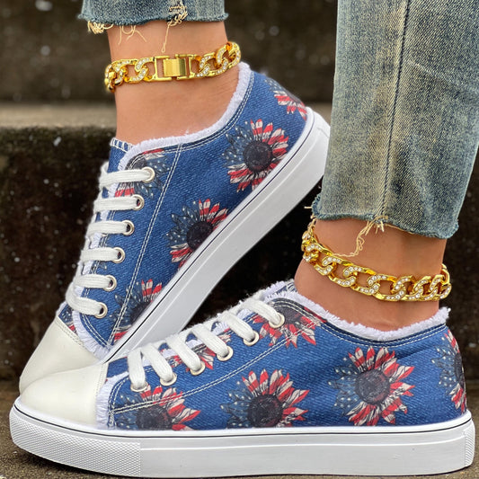Head out in style with Comfortable Women's Sunflower Print Canvas Shoes. These lightweight shoes feature a low top design, secure lacing, and a bright sunflower print for a standout look. Enjoy all-day comfort while you walk in these stylish shoes.