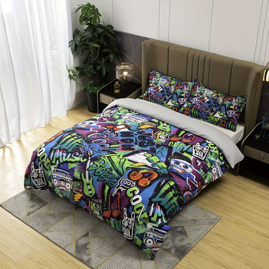 Bring bold, modern artistry to your bedroom with this Vibrant Graffiti Print Duvet Cover Set. It includes 1 duvet cover and 2 pillowcases (no core), providing a complete look that is sure to enhance any space. Perfect for anyone looking for a stylish, colorful touch with lasting durability.