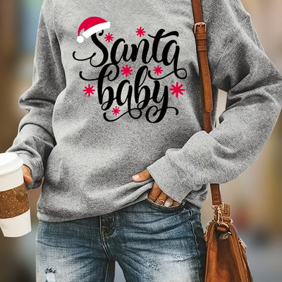 Santa Baby Letter Print Sweatshirt: Embrace Festive Vibes with this Casual Long Sleeve Crew Neck Sweatshirt - Women's Clothing