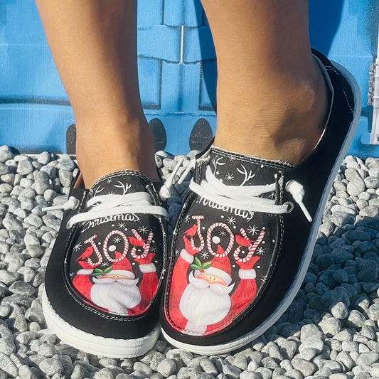 Festive and Comfy: Women's Cartoon Santa Claus Print Slip-On Shoes – Perfect for Christmas!