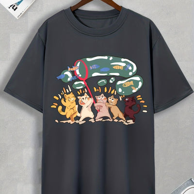 Men's Cartoon Cat Fish Pattern T-Shirt: Embrace Casual Street Style with this Stretch Round Neck Tee Shirt for Summer
