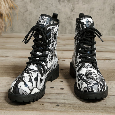 Graffiti Chic: Women's Lace-Up Ankle Boots - A Versatile Trendsetter in Non-Slip Style!