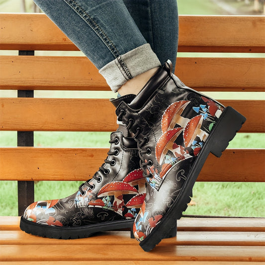 Experience a spooky, yet stylish look with Mysterious Magic ankle combat boots. Crafted with Halloween vibes, these boots feature a mushroom print design and lace-up closure for an edgy finishing touch. Perfect for the season.