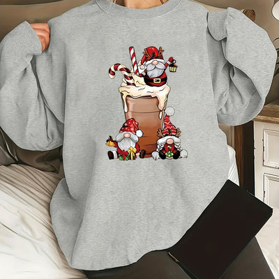 Stylish and Festive: Plus Size Christmas Casual Sweatshirt - Women's Graphic Print Long Sleeve Round Neck Sweatshirt
