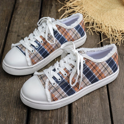 Stylish and Comfortable Women's Plaid Pattern Canvas Shoes: Casual Lace-Up Outdoor Sneakers for Lightweight, Low-Top Fashion