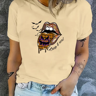 Halloween Bat Graphic and Lips Print Casual Sports T-Shirt - Perfect Women's Summer Tops!