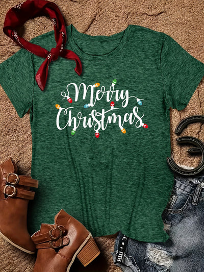 Merry Christmas Letter with Light Print Crew Neck T-shirt: Casual Short Sleeve Top for Spring/Summer Women's Clothing