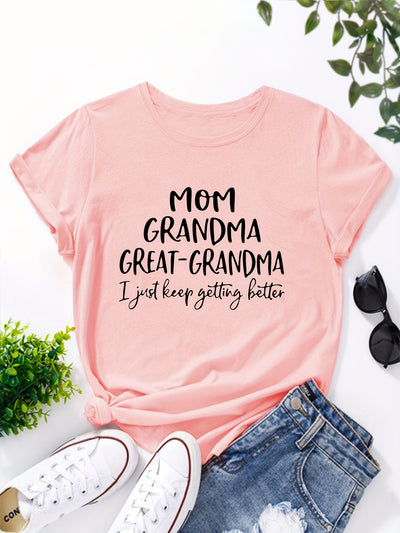 Great-Grandma Letter Print T-Shirt, Short Sleeve Crew Neck Casual Top For Spring & Summer, Women's Clothing