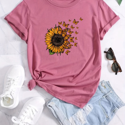 This Sunflower Pattern Crew Neck T-shirt is perfect for summer days. Featuring a loose fit, fashionable sunflower pattern and short sleeves, this casual T-shirt is a great wardrobe staple for any woman.