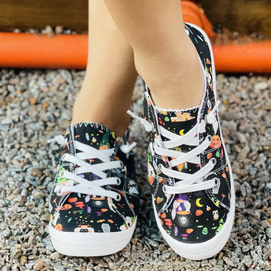 Women's Colorful Halloween Pattern Shoes, Low-top Round Toe Lightweight Flat Canvas Shoes, Comfy Halloween Daily Shoes