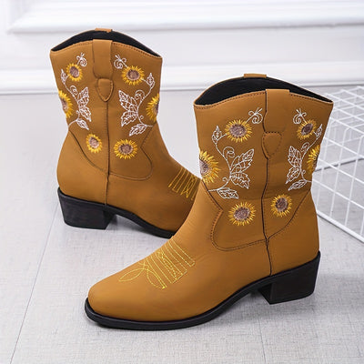 Sunflower Delight: Women's Fashionable Slip-on Cowboy Boots with Chunky Heel and Embroidered Accents