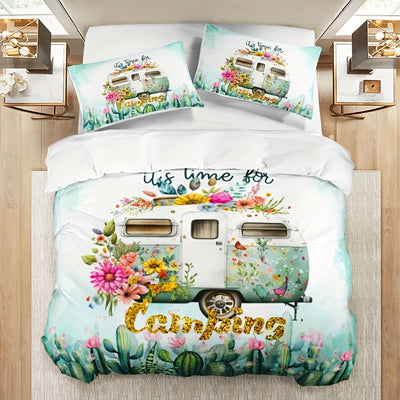 Fresh and Stylish: 3PCS Fashion Duvet Cover Set with Cactus, Flower, Car Prints - Perfect for Bedroom or Guest Room Décor