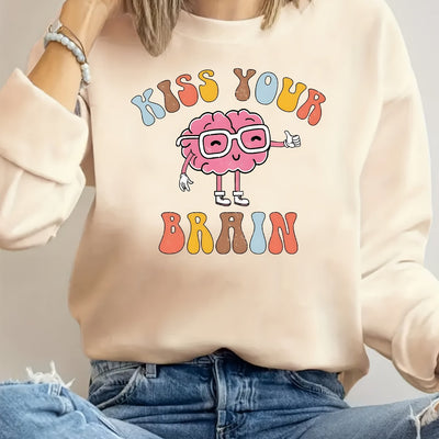 Cute and Comfortable Brain Letter Print Pullover: Women's Long Sleeve Crew Neck Sweatshirt