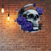 Enchanting Purple Flower & Moon Skull Metal Wall Art: A Striking Décor for Your Home or Office