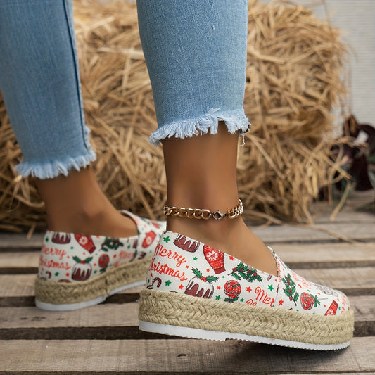 Festive Flair: Women's Christmas Pattern Espadrille Shoes - Stylish Slip-ons for a Casual and Comfy Holiday Season