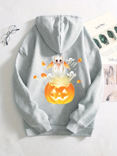 Flying Cutie: Adorable Cat Print Zipper Hoodie for Women - Stylish Casual Hoodie with Drawstring & Kangaroo Pocket