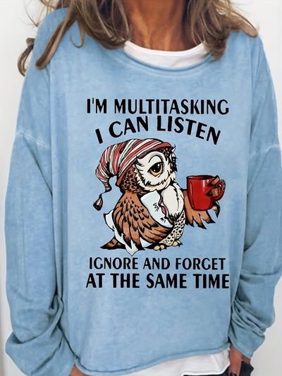 Women's Cute Owl & Letter Print Crew Neck Sweatshirt - Casual Long Sleeve Pullover for Spring & Fall