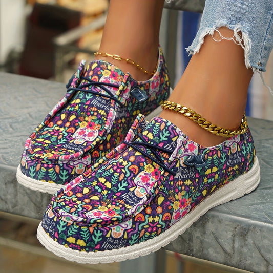 Look stylish and stay comfortable with these lightweight, lace-up sneakers. The floral and skull prints on the canvas give a casual, outdoor look. Made of breathable material, these sneakers provide comfort for all-day wear. A must-have for any wardrobe.