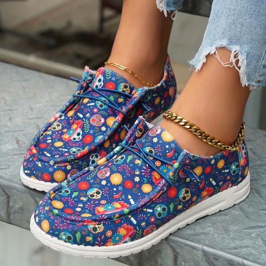 Colors Skull & Flower Print Women's Canvas Shoes, Casual Lace Up Outdoor Shoes, Lightweight Low Top Halloween Shoes