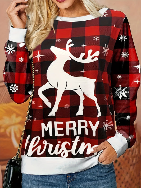 This cozy plus size sweatshirt is perfect for the holiday season. It features an elk plaid print with festive hues of red, green, and white. Its soft fabric and comfortable cut will make it your go-to for holiday events.