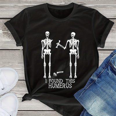 Skeleton Design Print Crew Neck T-Shirt, Casual Short Sleeve Top For Spring & Summer, Women's Clothing