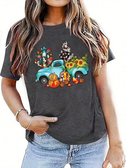 This Colorful Plant & Truck Print Crew Neck T-Shirt is perfect for warm weather. Constructed with lightweight material, it's a comfortable and stylish addition to your wardrobe. The casual short sleeve top is designed to keep you cool on hot days, while the bold print adds a fresh and vibrant look.