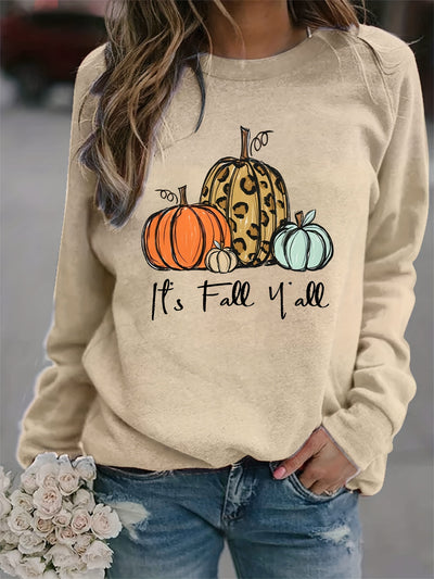 Pumpkin and It's Fall Y'all Print Sweatshirt, Casual Long Sleeve Crew Neck Sweatshirt, Women's Clothing