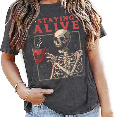 Stylish and Trendy: Skeleton Letter Print Crew Neck T-Shirt for the Fashion-Forward Women