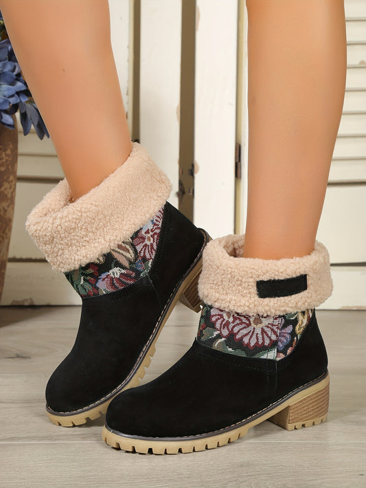 Womens Flower Pattern Chunky Heel Boots: Casual Slip-On Plush Lined Shoes for Comfortable Winter Style
