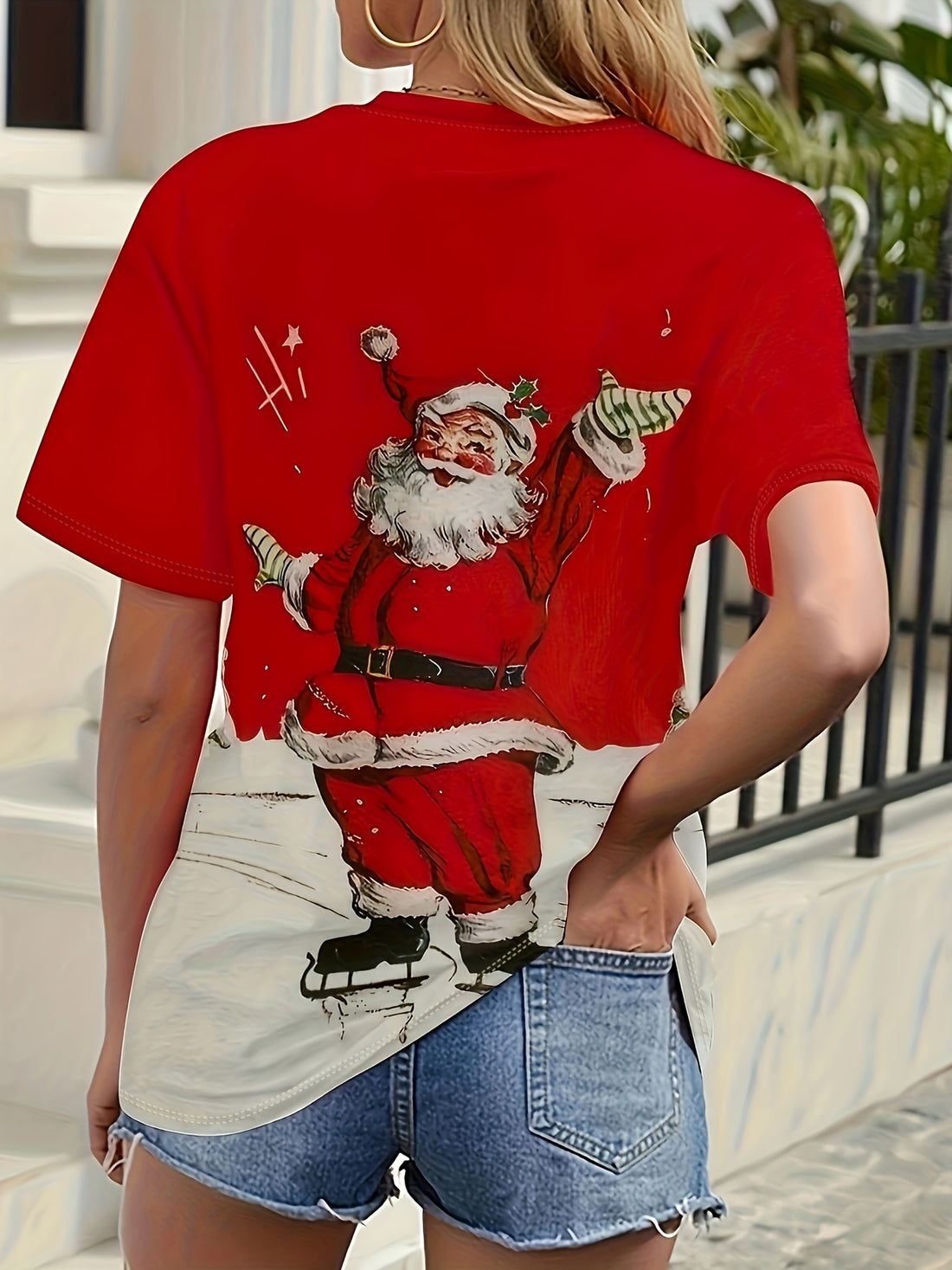 Cheerful Christmas Santa Print Crew Neck T-Shirt: A Fun and Casual Short Sleeve Top for Spring and Summer Women's Clothing