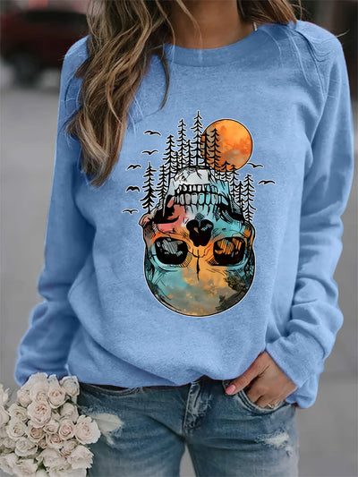 Spooky Chic: Halloween Skull Forest Print Sweatshirt - A Must-Have for Women's Casual Wear