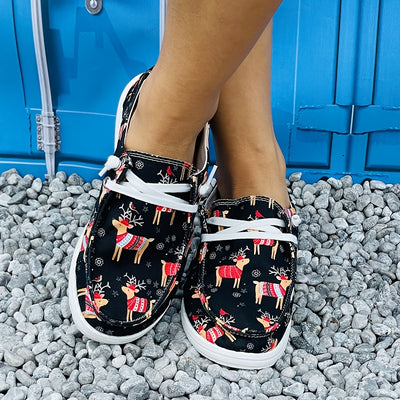 Adorable Women's Cartoon Christmas Deer Print Shoes: Lightweight and Versatile Slip-On Canvas Flats