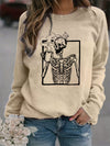 Halloween Skull Drink Graphic Print Sweatshirt, Casual Long Sleeve Crew Neck Sweatshirt, Women's Clothing