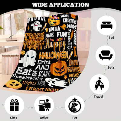 Funny Pumpkin Ghost Print Flannel Blanket: A Versatile Halloween-Themed Throw for Every Occasion!