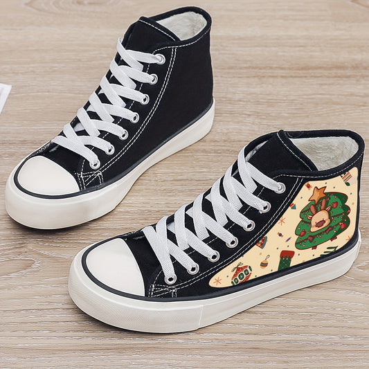 These Cute Christmas Tree print canvas shoes for women are stylish, high-top outdoor shoes made of soft canvas fabric with a plush lining for extra comfort. The durable rubber soles provide excellent traction and stability for a fun, active lifestyle.