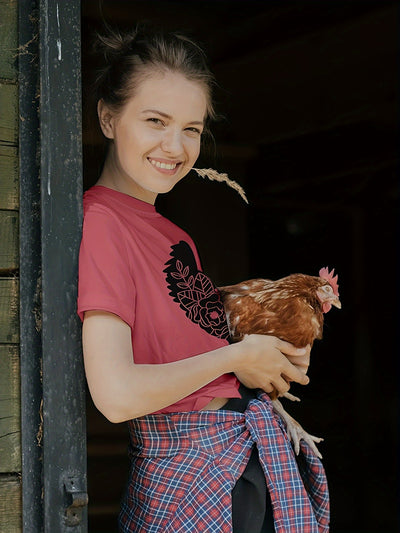 Flaunt Your Style with the Chicken Floral Print T-Shirt - A Casual Short Sleeve Crew Neck Top for Women's Clothing