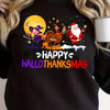 Festive Fusion: Happy Hallothanksmas Print Sweatshirt - Comfortable & Casual Crew Neck for Women