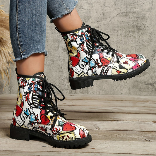 Set yourself apart with these bold yet versatile graffiti-print ankle boots. Crafted from high-quality materials, these women's lace-up boots are built to last and feature a platform sole for unparalleled comfort. With their eye-catching design, they are sure to give any outfit the unique and stylish edge you seek.