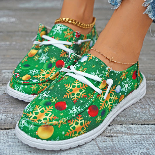 These lightweight and stylish low-top sneakers feature a festive Christmas print canvas on the uppers, making them perfect for the holiday season. With their casual design and low-cut silhouette, they provide a comfortable fit for everyday wear.
