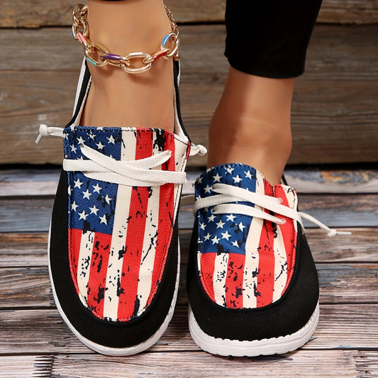 Show your patriotism with these stylish women's low-top canvas shoes featuring an American flag pattern. Perfect for Independence Day celebrations, the canvas upper and cushioned rubber sole ensure comfort for all-day wear. Celebrate your independence and patriotism in style!
